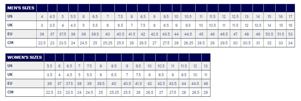 asics shoe size cm